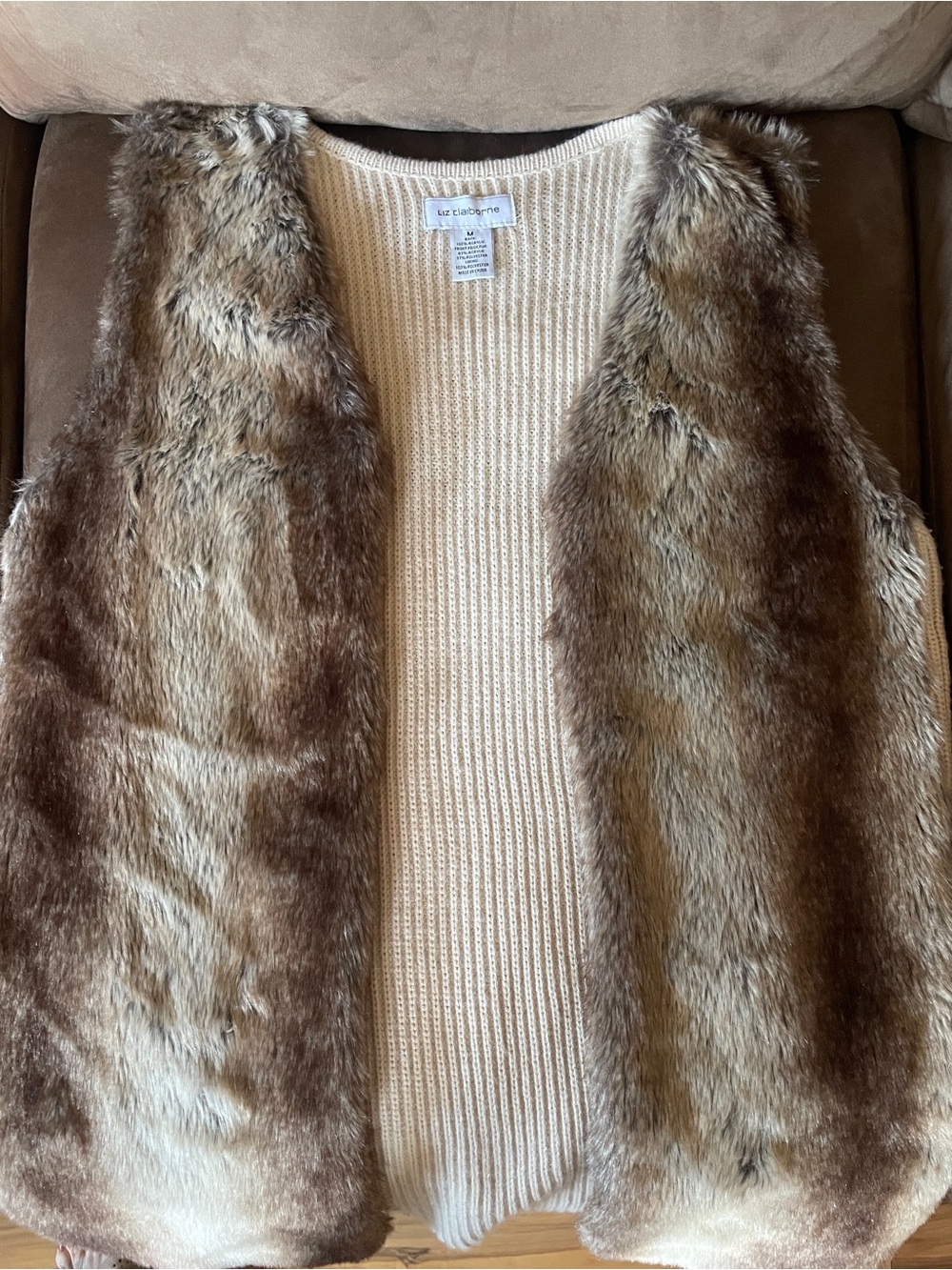 Liz Claiborne Faux Fur Trim Sweater Vest - Brown & Cream size medium